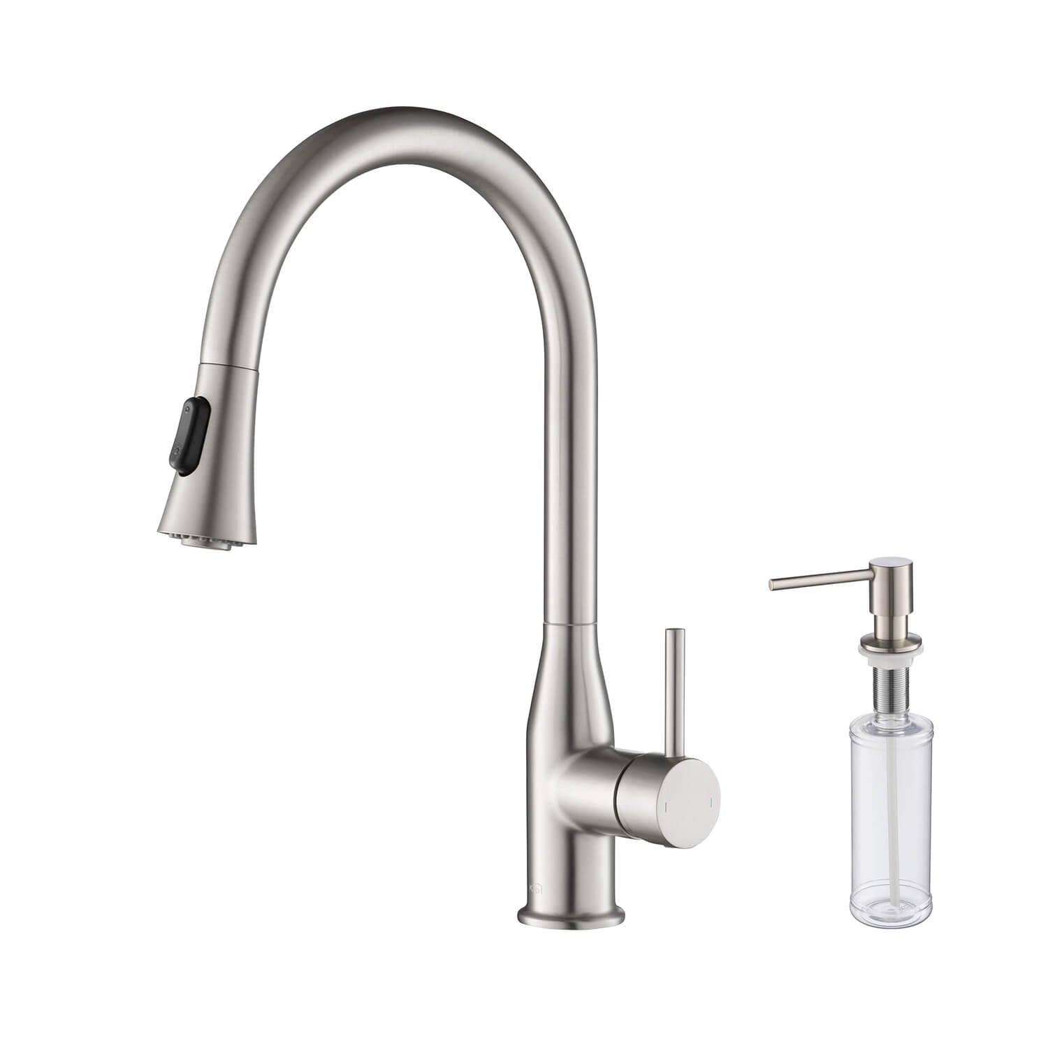 KIBI Napa Single Handle High Arc Pull Down Kitchen Faucet With Soap Dispenser in Brushed Nickel Finish - C-KKF2005BN-KSD100BN