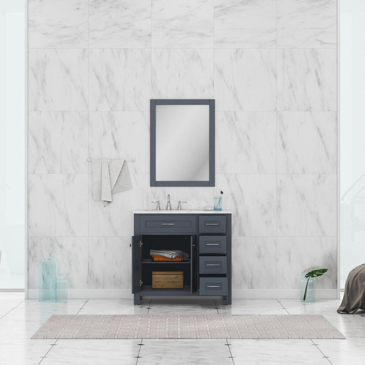 Alya Bath Norwalk 36" Single Gray Freestanding  Bathroom Vanity With Drawers, Carrara Marble Top, Ceramic Sink and Wall Mounted Mirror - HE-101-36-DR-G-CWMT + HE-101/102-36-G-M