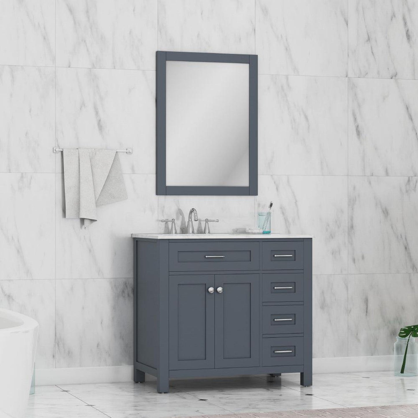 Alya Bath Norwalk 36" Single Gray Freestanding  Bathroom Vanity With Drawers, Carrara Marble Top, Ceramic Sink and Wall Mounted Mirror - HE-101-36-DR-G-CWMT + HE-101/102-36-G-M