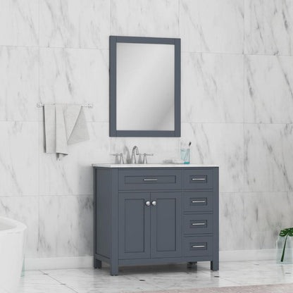 Alya Bath Norwalk 36" Single Gray Freestanding  Bathroom Vanity With Drawers, Carrara Marble Top, Ceramic Sink and Wall Mounted Mirror - HE-101-36-DR-G-CWMT + HE-101/102-36-G-M
