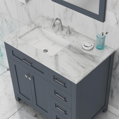 Alya Bath Norwalk 36" Single Gray Freestanding  Bathroom Vanity With Drawers, Carrara Marble Top, Ceramic Sink and Wall Mounted Mirror - HE-101-36-DR-G-CWMT + HE-101/102-36-G-M