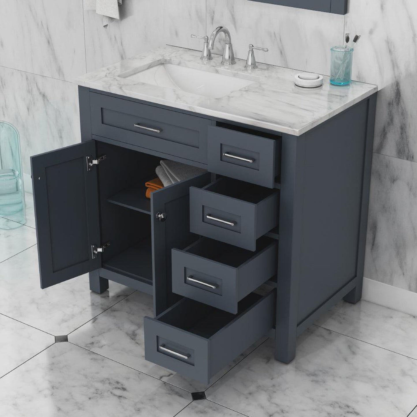 Alya Bath Norwalk 36" Single Gray Freestanding  Bathroom Vanity With Drawers, Carrara Marble Top, Ceramic Sink and Wall Mounted Mirror - HE-101-36-DR-G-CWMT + HE-101/102-36-G-M