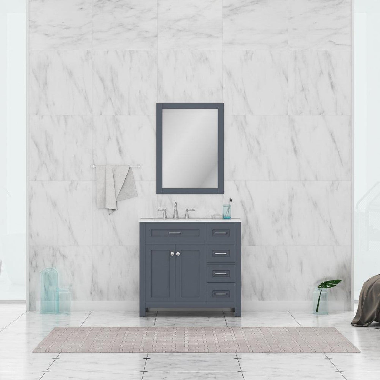 Alya Bath Norwalk 36" Single Gray Freestanding  Bathroom Vanity With Drawers, Carrara Marble Top, Ceramic Sink and Wall Mounted Mirror - HE-101-36-DR-G-CWMT + HE-101/102-36-G-M