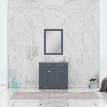Alya Bath Norwalk 36" Single Gray Freestanding  Bathroom Vanity With Drawers, Carrara Marble Top, Ceramic Sink and Wall Mounted Mirror - HE-101-36-DR-G-CWMT + HE-101/102-36-G-M