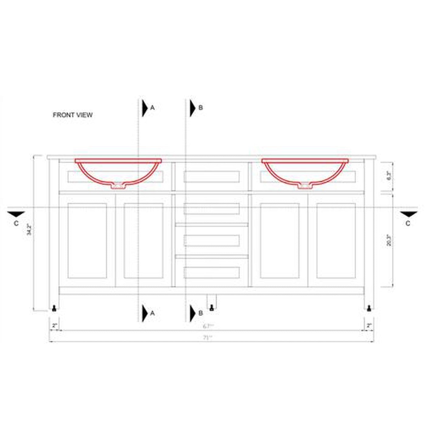 Alya Bath Norwalk 72" Double White Freestanding  Bathroom Vanity With Carrara Marble Top,  - HE-101-72D-W-CWMT + 2x HE-101/102-30-W-MCeramic Sink and Two Mirrors