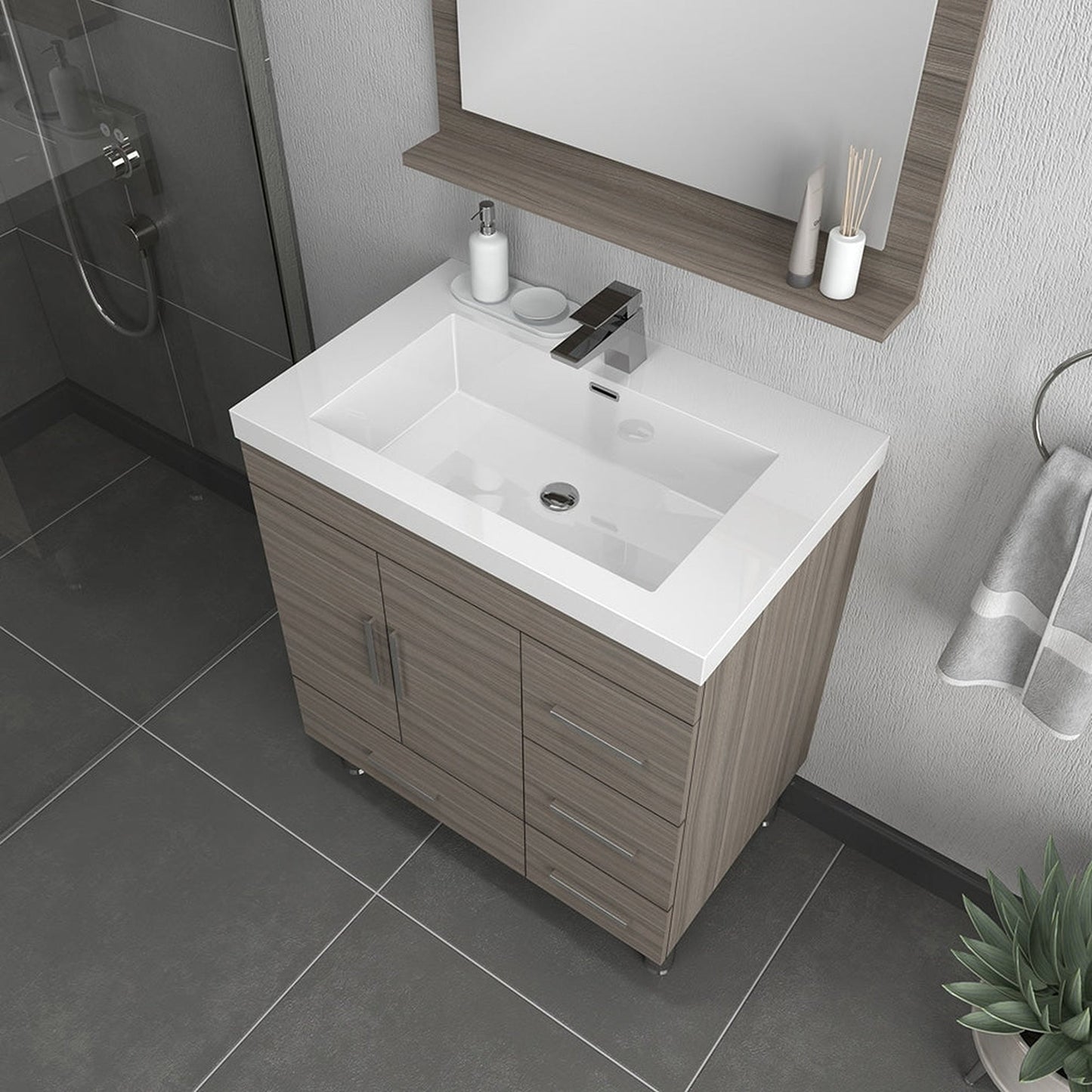 Alya Bath Ripley  30" Single Gray Modern Freestanding  Bathroom Vanity With drawers, Integrated Acrylic Top, Acrylic Sink and Wall Mounted Mirror - AT-8050-G+AT-30-M-G