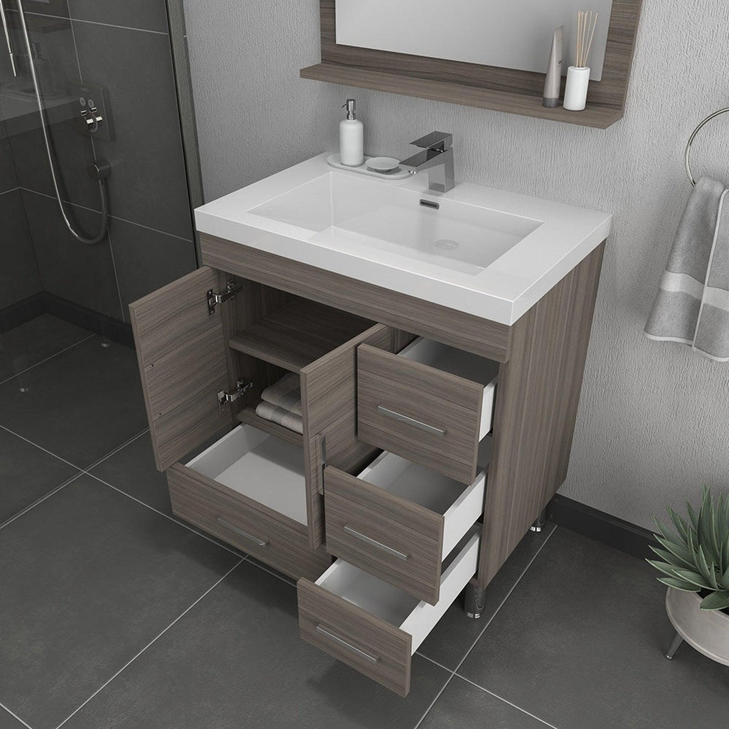 Alya Bath Ripley  30" Single Gray Modern Freestanding  Bathroom Vanity With drawers, Integrated Acrylic Top, Acrylic Sink and Wall Mounted Mirror - AT-8050-G+AT-30-M-G