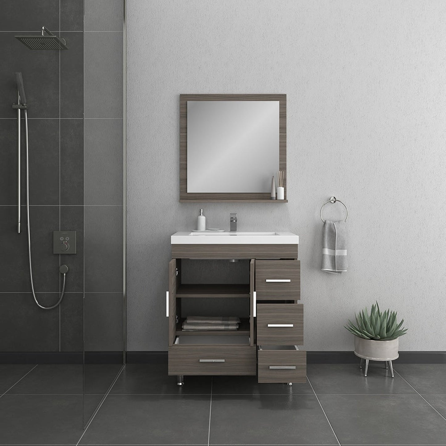 Alya Bath Ripley  30" Single Gray Modern Freestanding  Bathroom Vanity With drawers, Integrated Acrylic Top, Acrylic Sink and Wall Mounted Mirror - AT-8050-G+AT-30-M-G