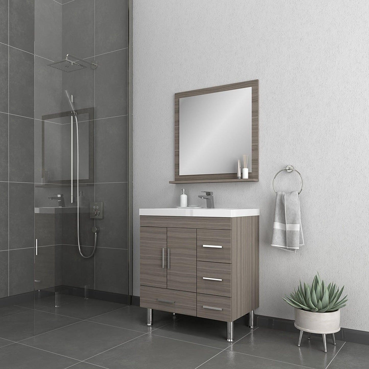Alya Bath Ripley  30" Single Gray Modern Freestanding  Bathroom Vanity With drawers, Integrated Acrylic Top, Acrylic Sink and Wall Mounted Mirror - AT-8050-G+AT-30-M-G