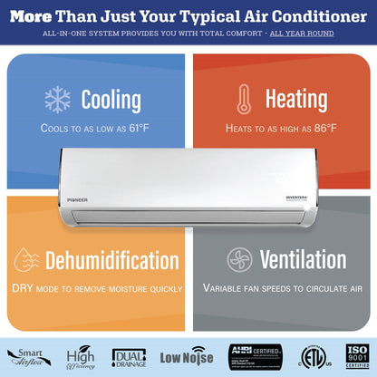 Pioneer Diamante Pro Series 9,000 BTU 19 SEER2 Ductless Mini-Split Air Conditioner Inverter+ Heat Pump Full Set 230V with 16 Ft. Kit - WYT009GLFI19RL
