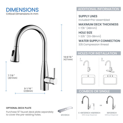 Kibi Bari-T Single Handle Pull Down Kitchen Sink Faucet in Chrome Finish - KKF2016CH