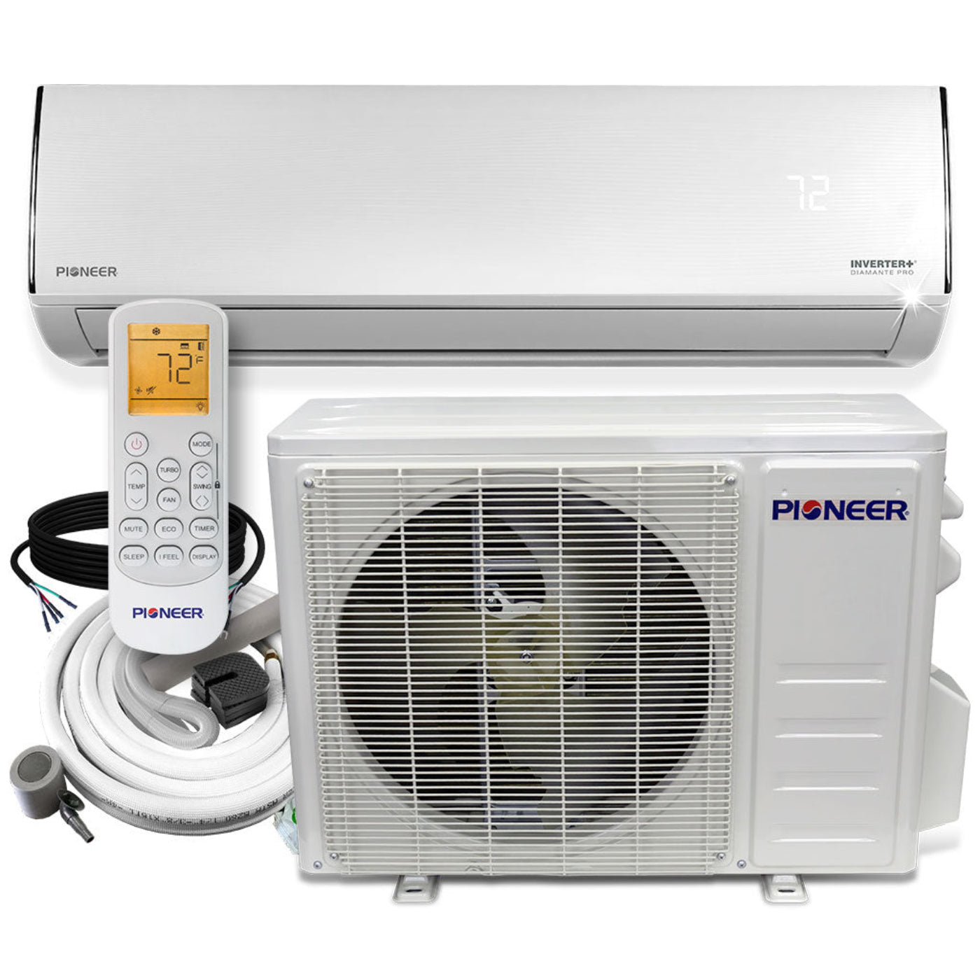 Pioneer Diamante Pro Series 9,000 BTU 19 SEER2 Ductless Mini-Split Air Conditioner Inverter+ Heat Pump Full Set 115V with 16 Ft. Kit - WYT009ALFI19RL